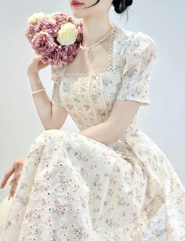 Bigsize nista Đầm Tiều Thư Dáng Dài Chất Liệu Xô Thêu Hoa Đan Dây Ren Tay Bồng Bigsize từ 60-90kg Women Nữ Dress Màu Hồng Kem Voan Váy Thường Mặc Váy Dự Tiệc bồng bềnh công chúa hoa tay