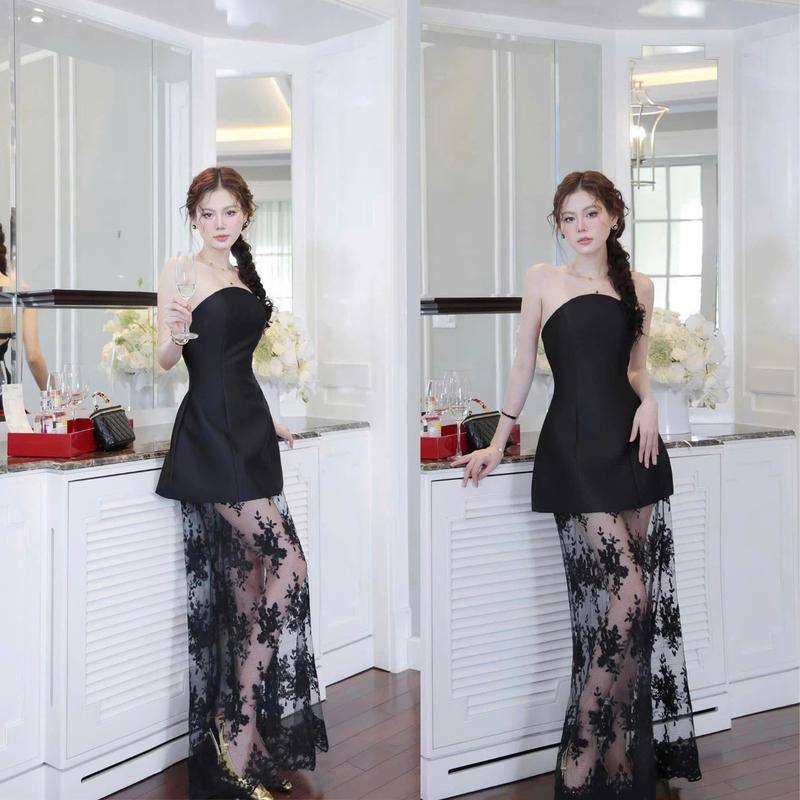 Đầm dự tiệc cúp nơ lưng váy ren hoa dáng dài màu trắng màu đen sang trọng thanh lịch 7