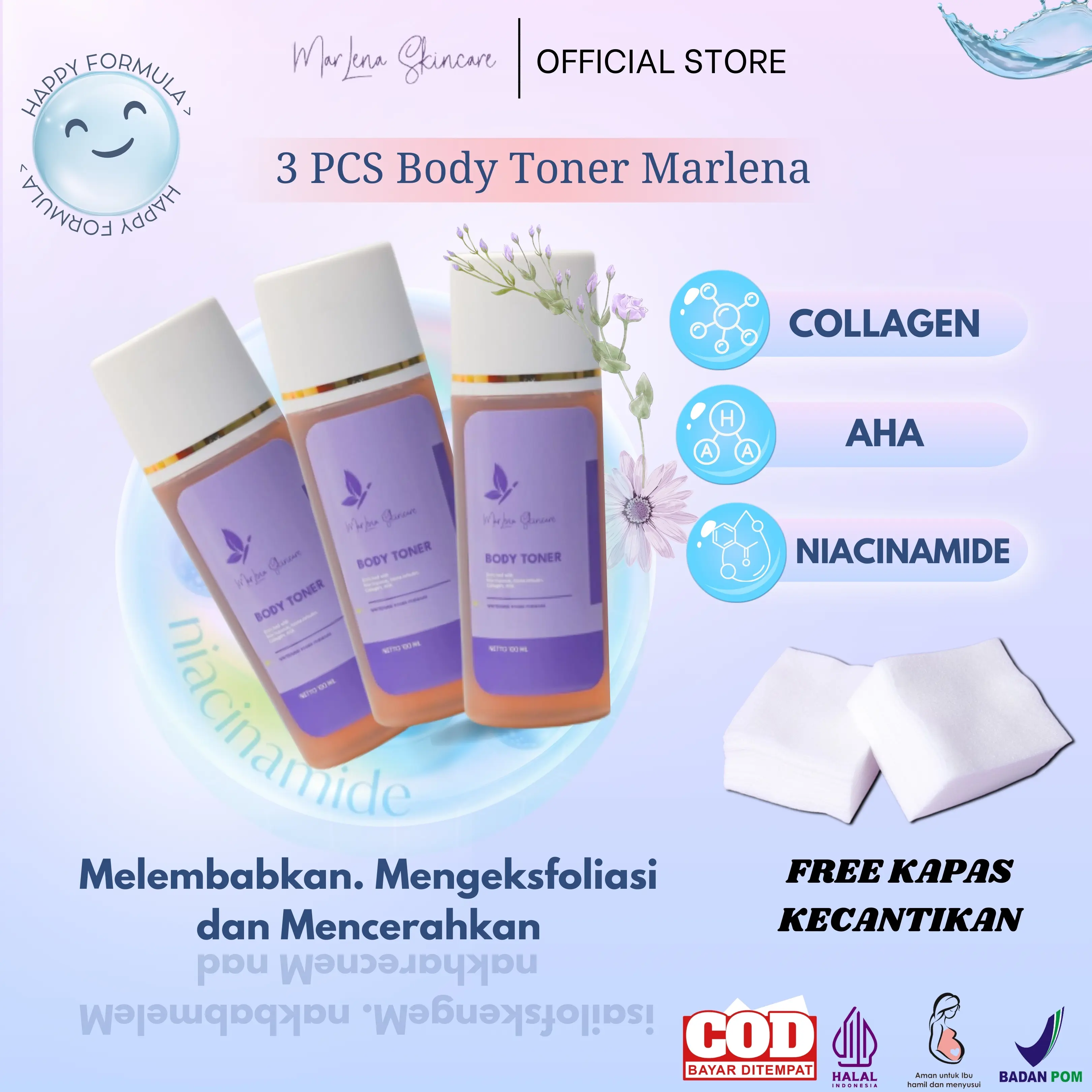 Paket Hemat 3 Marlena dna Salmon AHA/TONER BADAN MARLENA STONG FREE KAPAS