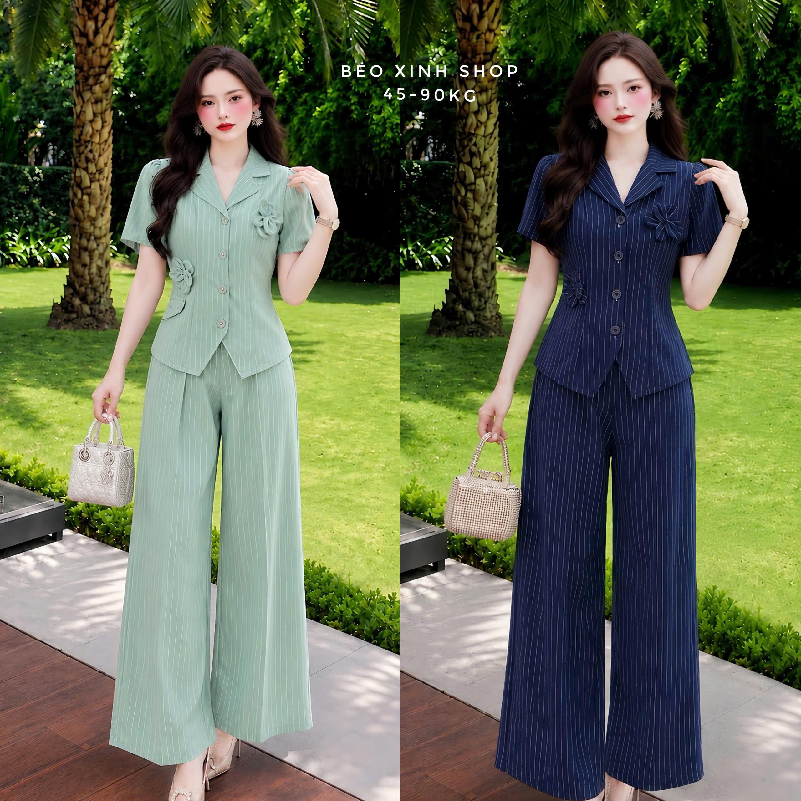 Bộ Nữ Bigsize Sọc Chỉ Đính Nơ Hoa – Quần Suông Dài Thanh Lịch 40–90kg Béo Xinh Shop - A.1818