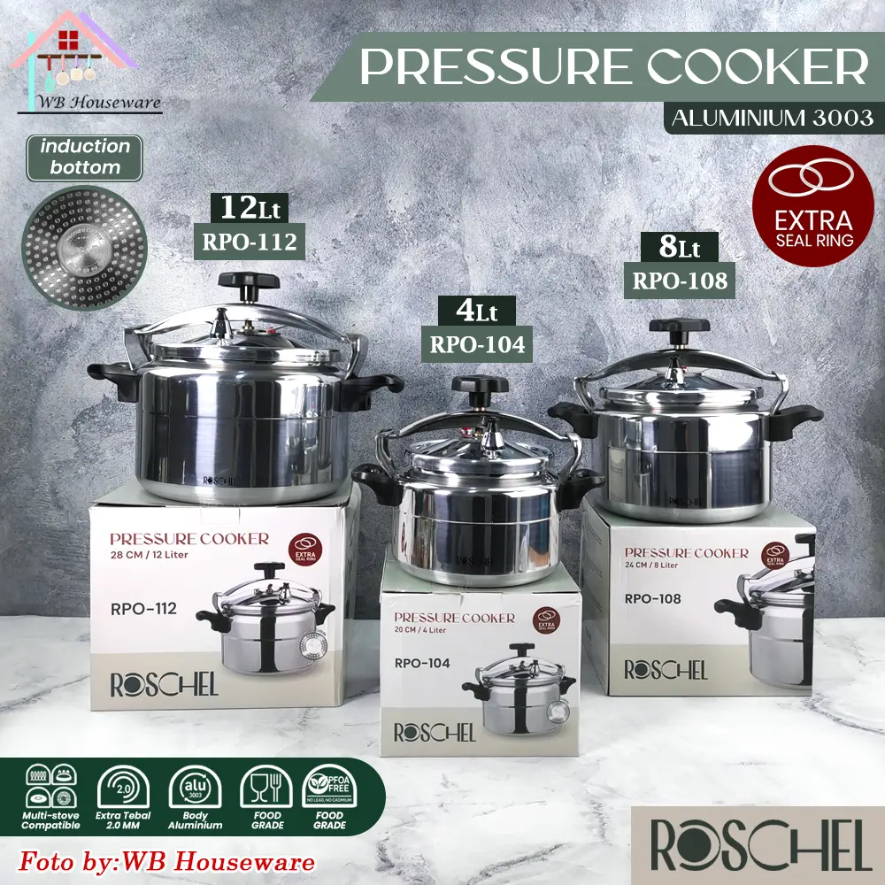 ROSCHEL Panci presto aluminium 3003 4L - 8L - 12L induction bottom support semua jenis kompor / pressure cooker high grade