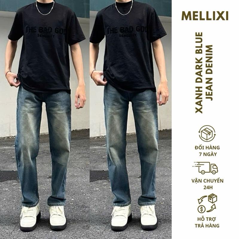  "MELLXI" Quần jean nam xuông đứng màu xanh dark blue hottren dễ phối đồ dễ mặc phù hợp nhiều độ tuổi đi chơi và đi làm Pants Menswear Có Túi Cotton 