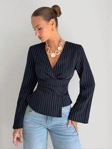 Camisa ajustada de rayas para mujer con cuello en V y manga larga, ropa de oficina, top casual de negocios para mujer, moda de primavera y otoño