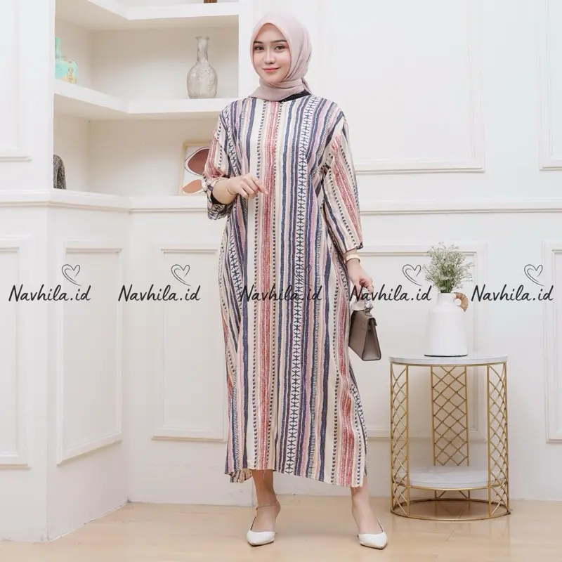 Navhila - Daster Motif Kekinian Tangan 3/4 Katun Rayon Gamis Nyaman Panjang Wanita Bumil Zipper Busui Basic Daily Santai 5