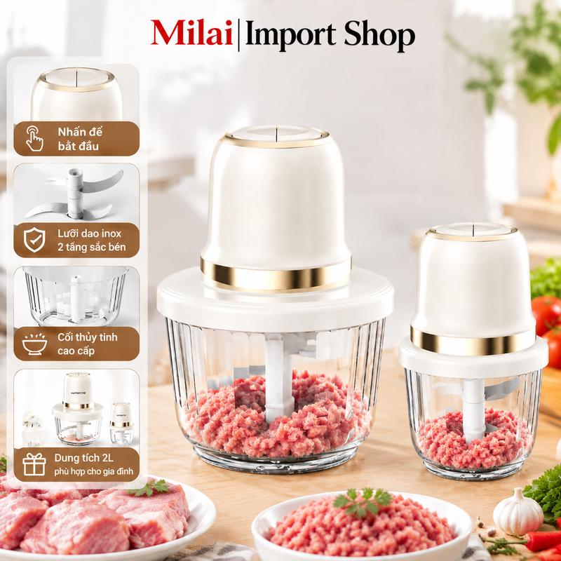 Máy xay dung tích 2L + 650ml – Phù hợp để thái lát thịt, xay nhuyễn, ép nước và chế biến thực phẩm đa năng.