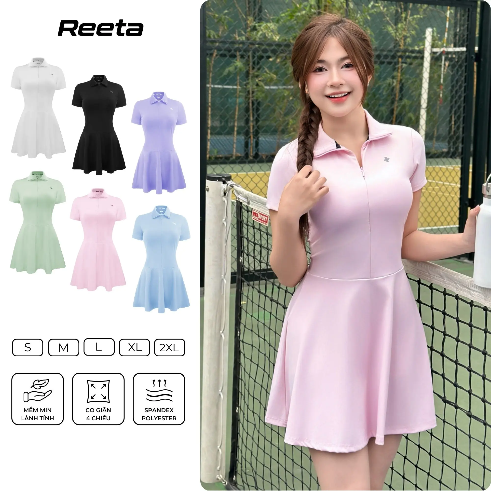 Set váy tennis pickleball polo thể thao nữ Reeta tặng kèm quần bảo hộ chất liệu thun co giãn thoáng khí-A3055