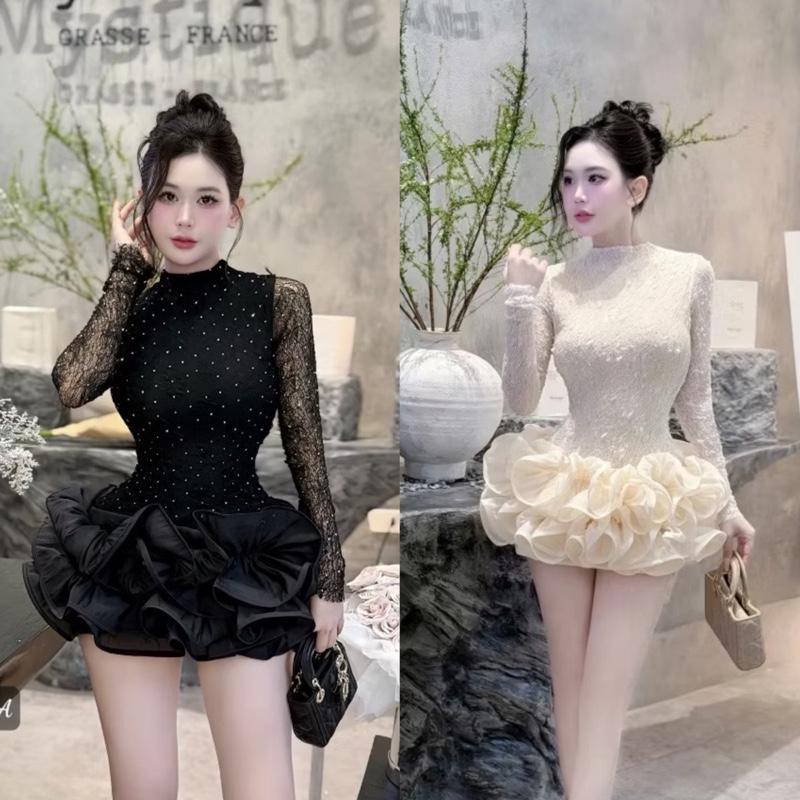 Hàng chuẩn-Có bigsize Đầm tay dài đính đá form ngắn bồng bềnh cuốn KÈM QUẦN kho sỉ hải chuyền Đ234