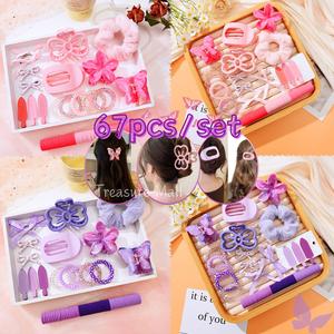 67pcs Cutesy Hair Clips Hair Ties Butterfly Bow Pink Purple Telephone Line Furry Large Hair Ropes Elegant Claw Clips Chic Hollow Arc Shape Gift School Gel Claw Stray Hairs Bangs Side Clip Fashion Accessories