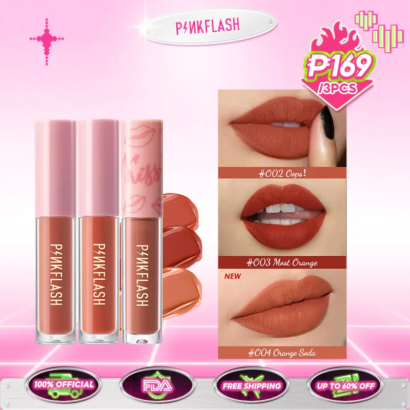 PINKFLASH OhMyKiss 3pcs Soft Matte Finish VE Moisturising Long-lasting Waterproof Non-sticky Liquid Lipstick Makeup Set liptint set Gloss Lipgloss