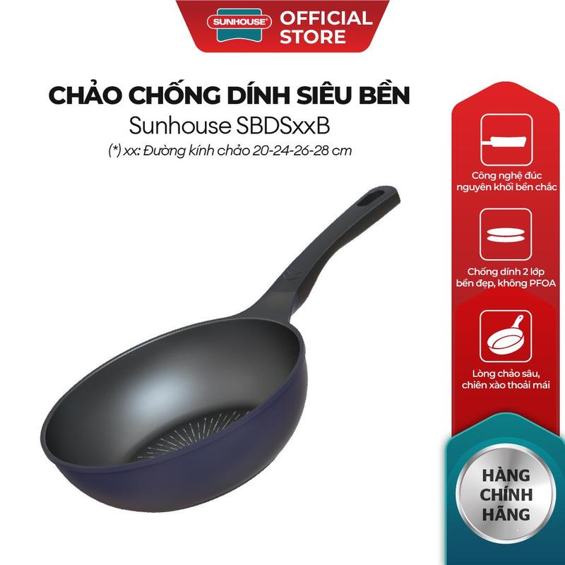 Chảo sâu chống dính siêu bền Sunhouse SBDSxxB - Công nghệ nhôm đúc nguyên khối - Chống dính 2 lớp - Truyền nhiệt tốt