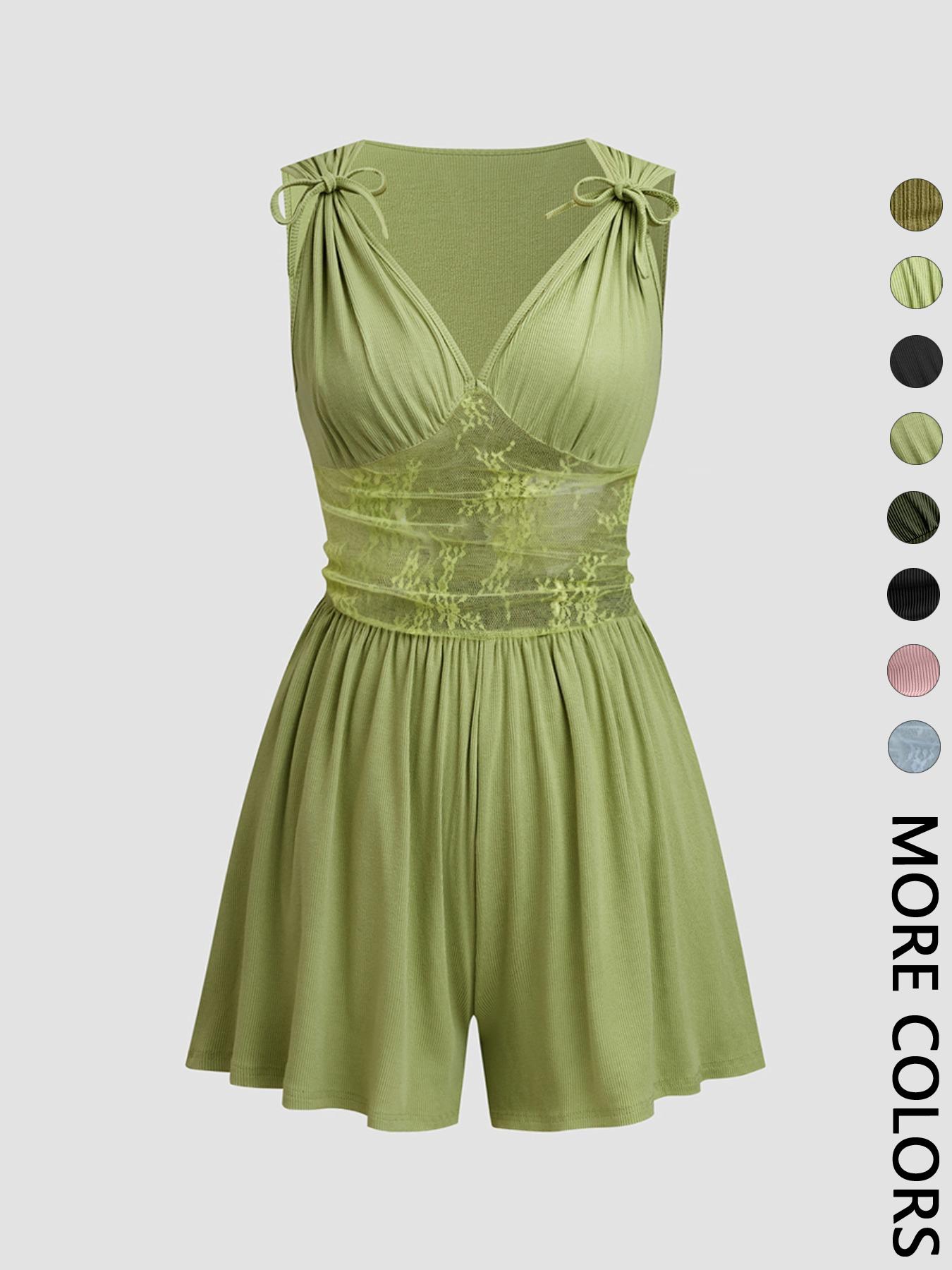 Women's Plain Ruched Deep V Neck Tank Romper, Elegant Sleeveless Romper For Summer, Fashion Casual Ladies Clothes For Daily Wear