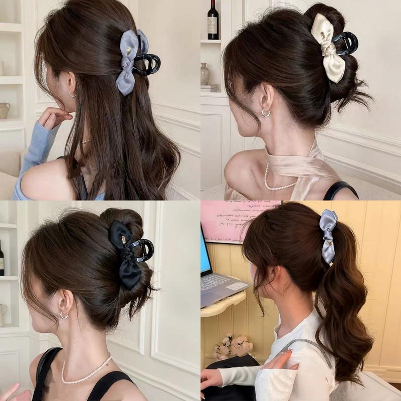 Kẹp tóc hình cá mập bằng satin với nơ lớn, thanh lịch và nổi bật, dành cho phụ nữ có mái dày, phù hợp khi đội tóc ở phía sau đầu hoàn toàn.