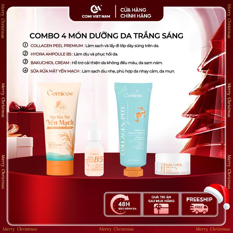   COMI VIETNAM   MUA 1 ĐƯỢC 4  Combo Chăm Sóc Da Mặt Toàn Diện - Peel Collagen 4K Serum B5 HA Kem Face Huyết Yến Bakuchio & Sữa Rửa Mặt Yến Mạch - Tái Tạo Da Dưỡng Ẩm Giúp Da Sáng Mịn 