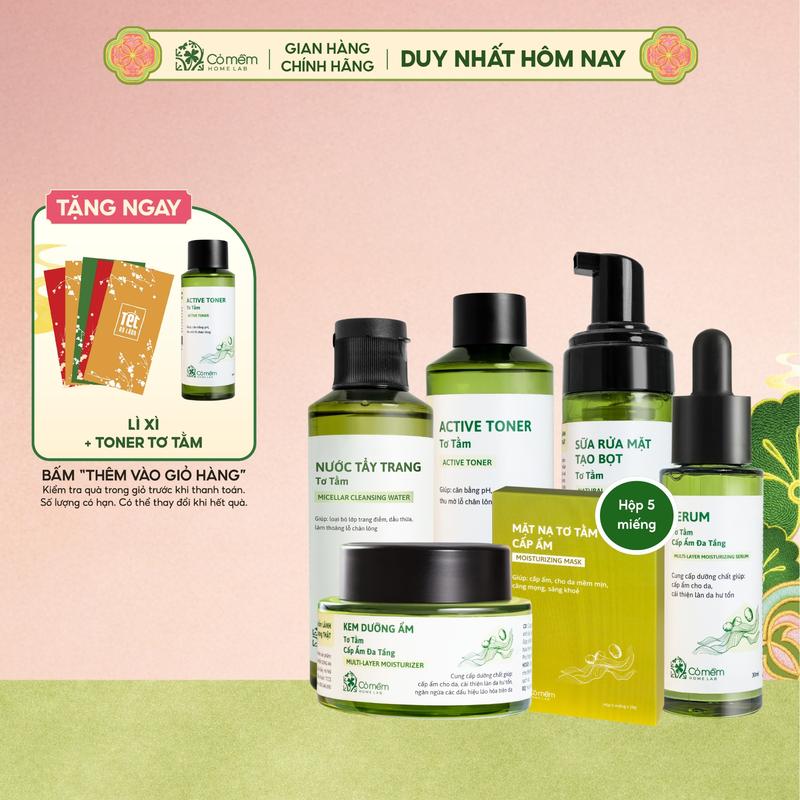   TẶNG TONER TƠ TẰM MIỄN PHÍ  Bộ Chăm Sóc Da Chuyên Sâu Tơ Tằm 6 Sản Phẩm Tẩy Trang Sữa Rửa Mặt Toner Serum Kem Dưỡng Mặt nạ Dưỡng Ẩm Dịu Da Cỏ Mềm 800g 