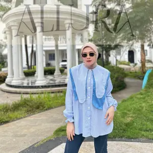Azzura Kemeja Blouse Wanita Top Atasan Kancing Lengan Panjang Kerah Layer Katun - Allura.id