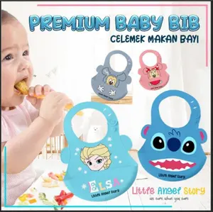 BABY BIB Celemek Makan Bayi Slaber Silikon Anak Bibs Karakter ELSA STITCH MICKEY MINI Karet Baby Burb Apron Silicon Anti Air Biru Merah