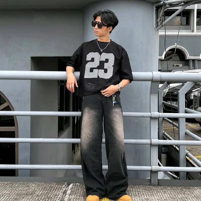 Celana Jeans Wishker Kulot Baggy Gombrong Pants Outfit Skena Gombrong Loose-fitting Y2K Shabby Chic Biru Hitam - Panjang, Wanita - Kaki Stretch Melar Denim 1