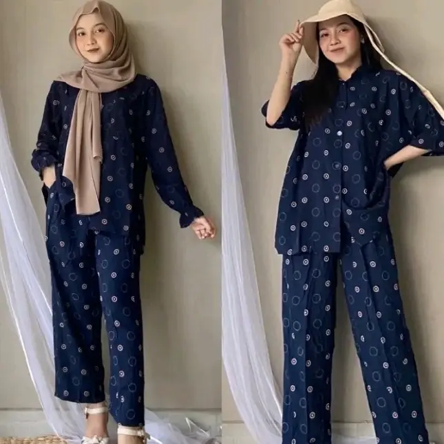 one set rayon polka ring piyama rayon pajamas katun rayon setelan rayon wanita baju wanita dewasa lengan panjang pendek jumbo motif trendy 4