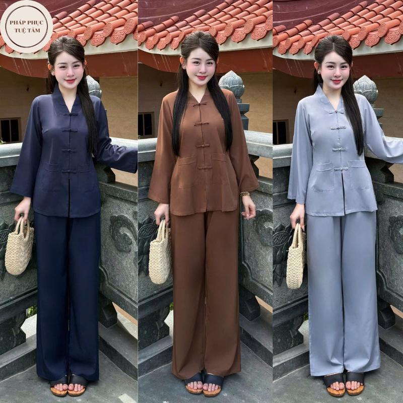 Pháp phục truyền thống chất liệu lụa tuyết mềm mát , Đồ lam đi chùa cho nữ kiểu dáng la hán dài tay cổ V có túi