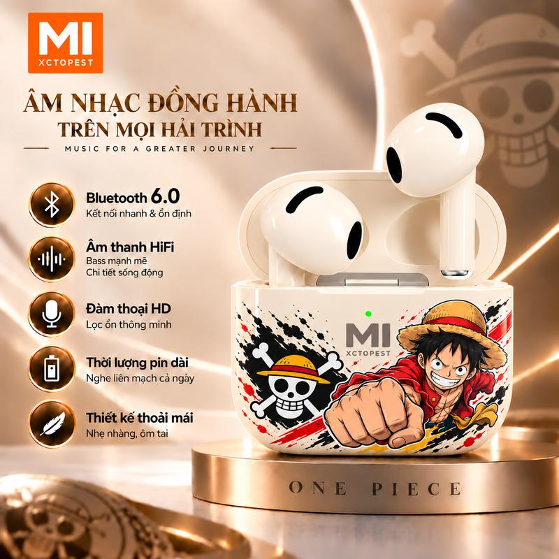 MI XCTOPEST Tai nghe Bluetooth không dây TWS với thiết kế semi-in-ear (không dùng nút tai silicon), chất lượng âm thanh Hi-Fi, âm trầm sâu và mạnh mẽ cùng kết nối ổn định; sản phẩm đi kèm hộp sạc di động và bộ sticker chủ đề *One Piece* tặng kèm.