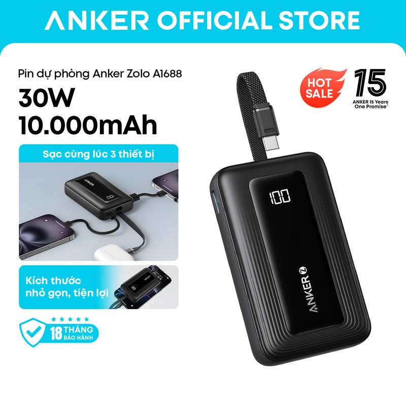 Anker Zolo Sạc dự phòng, dung lượng 10.000mAh, hỗ trợ sạc nhanh 30W, tích hợp dây buộc và cáp USB-C, lý tưởng cho du lịch. Bộ pin sạc nhanh tương thích với iPhone 16/15 series, MacBook, Galaxy, iPad và nhiều thiết bị khác. -1688