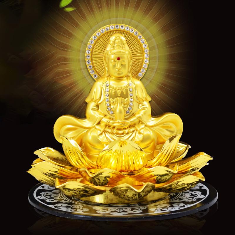 Tượng Phật Bà Quan Âm đài sen 2 mặt cao cấp trang trí taplo xe hơi, bàn làm việc văn phòng Decor, Decor Phòng Tranh - Vàng