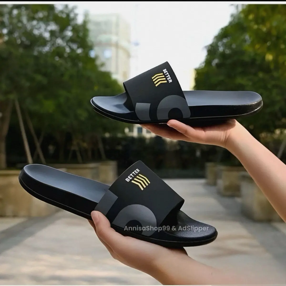 AN - BETER HITAM SHK - Promo Sandal Slop Slip On Distro Casual Pria Wanita Dewasa