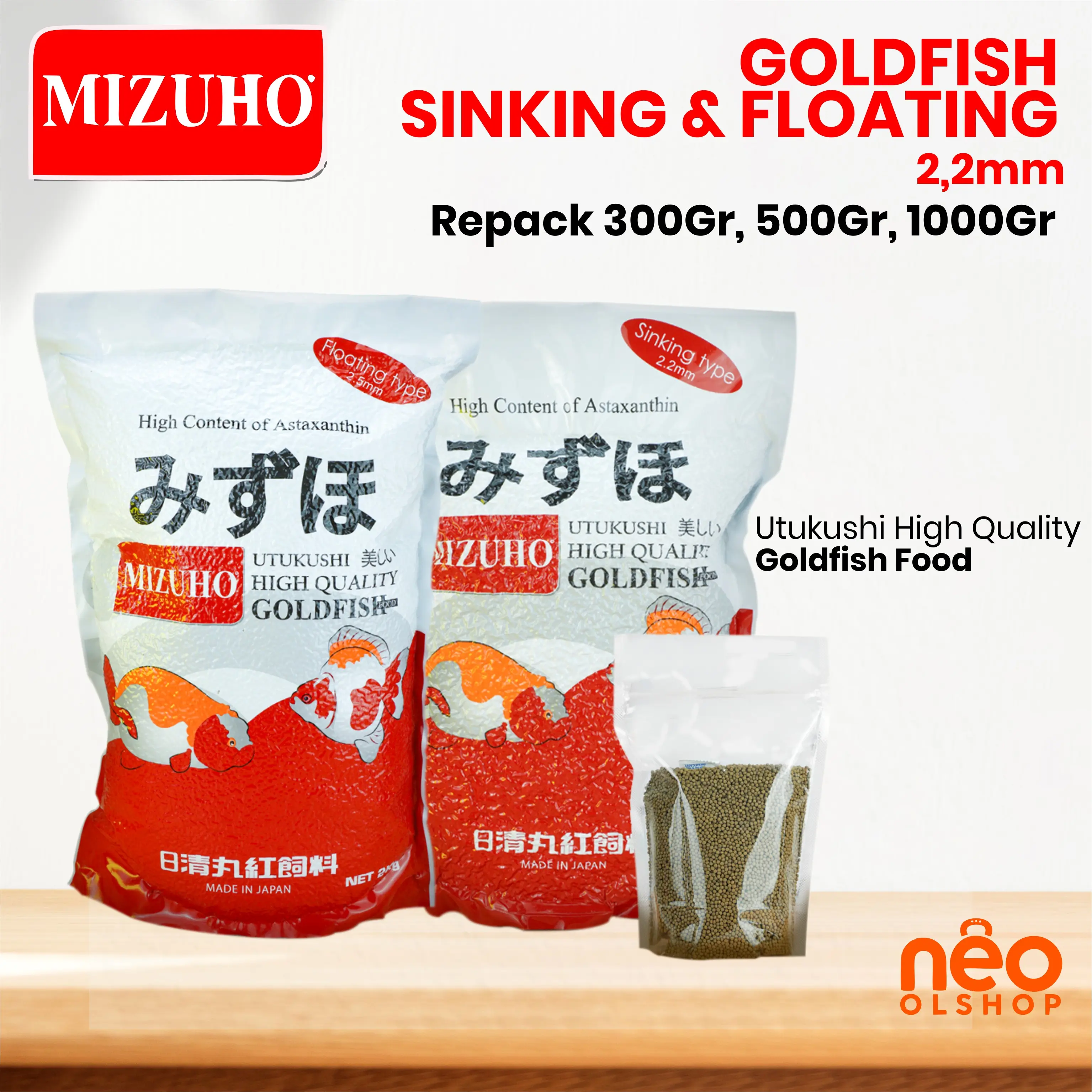 REPACK MIZUHO Pakan Ikan Goldfish Sinking & Floating 300gr, 500gr, 1000gr