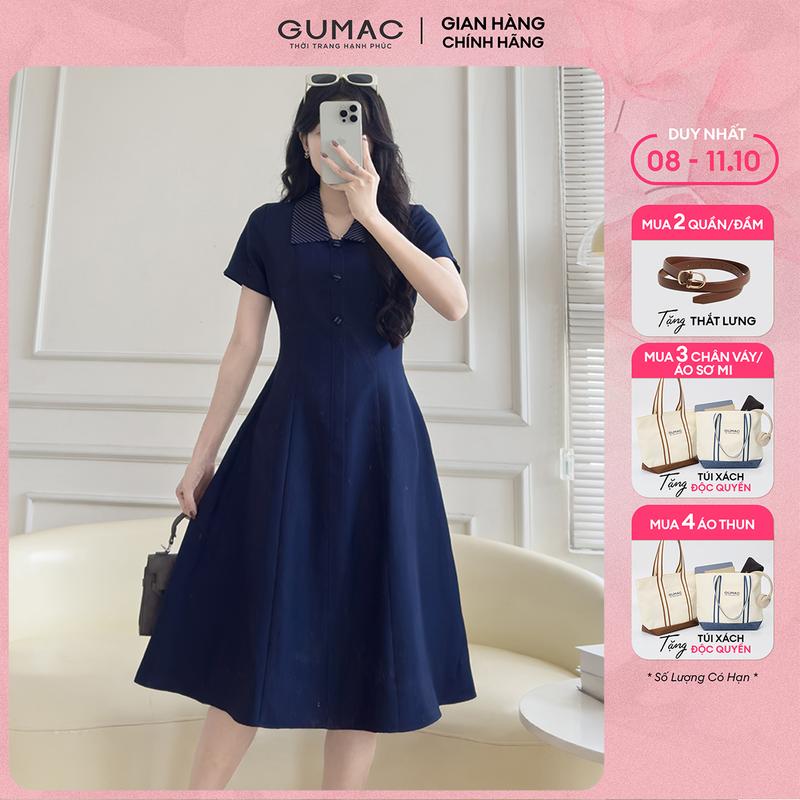 [MUA 2 TẶNG THẮT LƯNG] Đầm nữ dáng A xòe phối cổ sọc thiết kế thanh lịch chất liệu bố thái mềm mịn thời trang GUMAC LDF0612