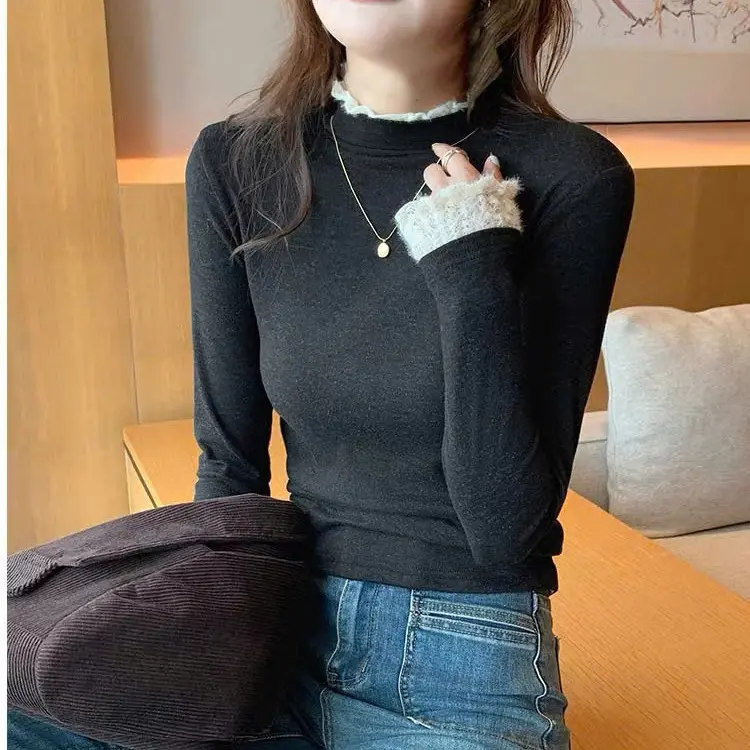 Áo giữ nhiệt tăm lông thỏ phối ren Lenogi Áo cổ cao  co dãn mềm mại ấm áp | BigBuy360 - bigbuy360.vn