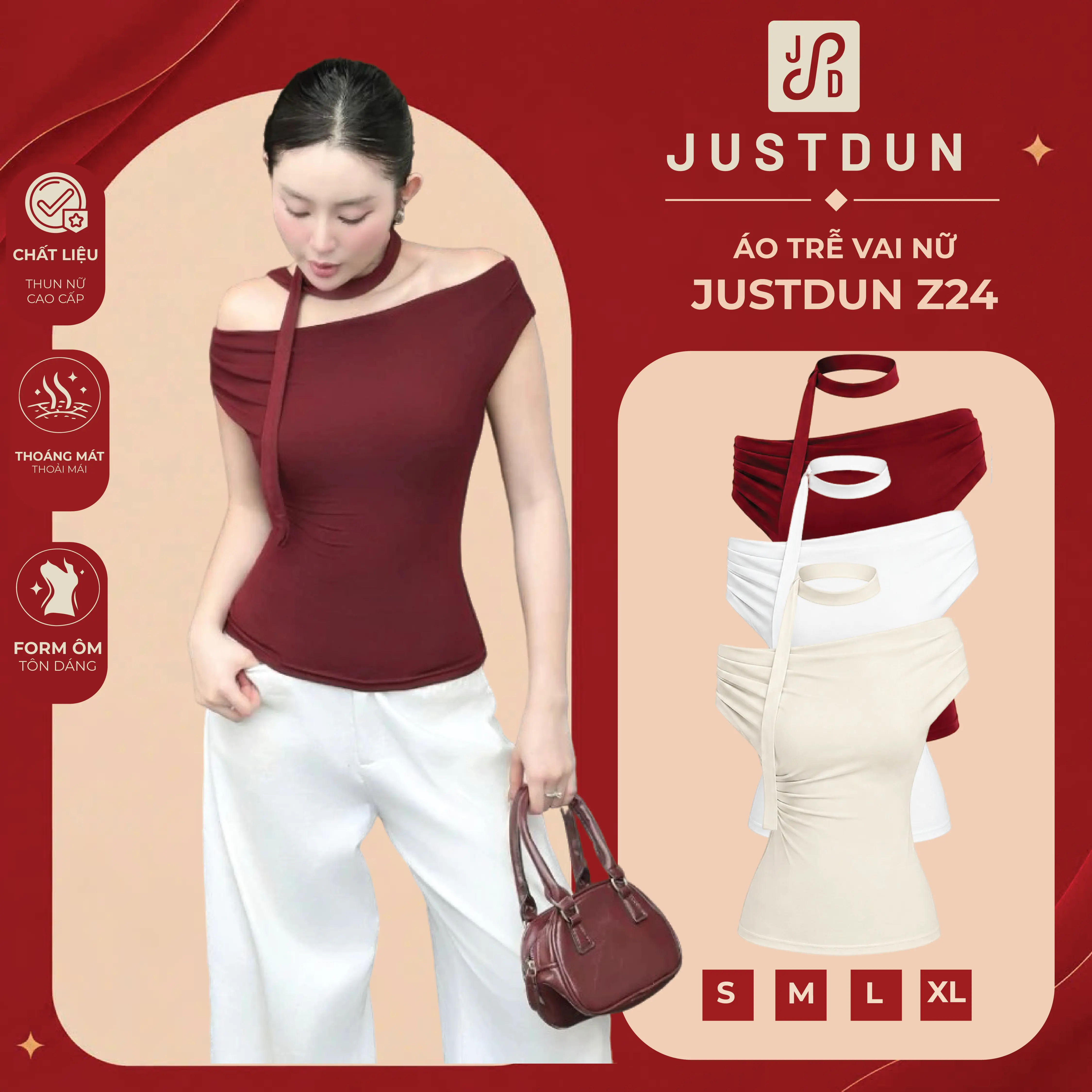Áo Trễ Vai Nữ JUSTDUN Z24 – Chất Cotton Mềm Mịn, Co Giãn Nhẹ, Form Ôm Đẹp, Tôn Dáng