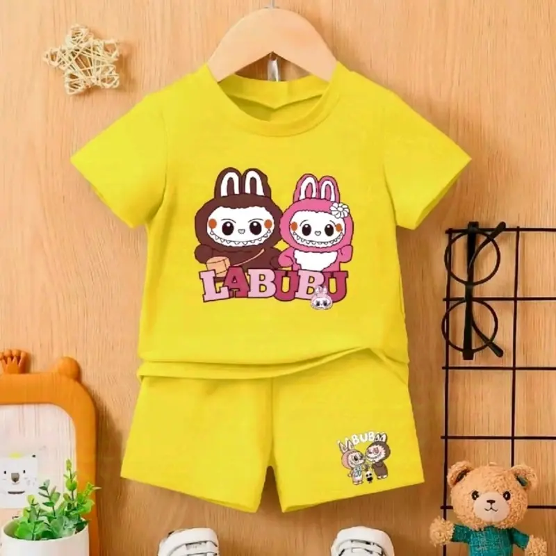Setelan kaos anak labubu usia 1-8 tahun Katun Perempuan Parsel 2