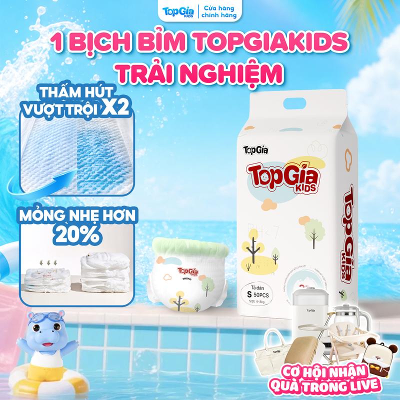 (DEAL SỐC) Tã/Bỉm TopGiaKids pH < 7 ngừa hăm, đai chun đệm mây mềm mại co dãn 4 chiều, thấm hút bề mặt khô thoáng size S đến XXXL cho bé từ 4-20kg (bỉm) [BO]