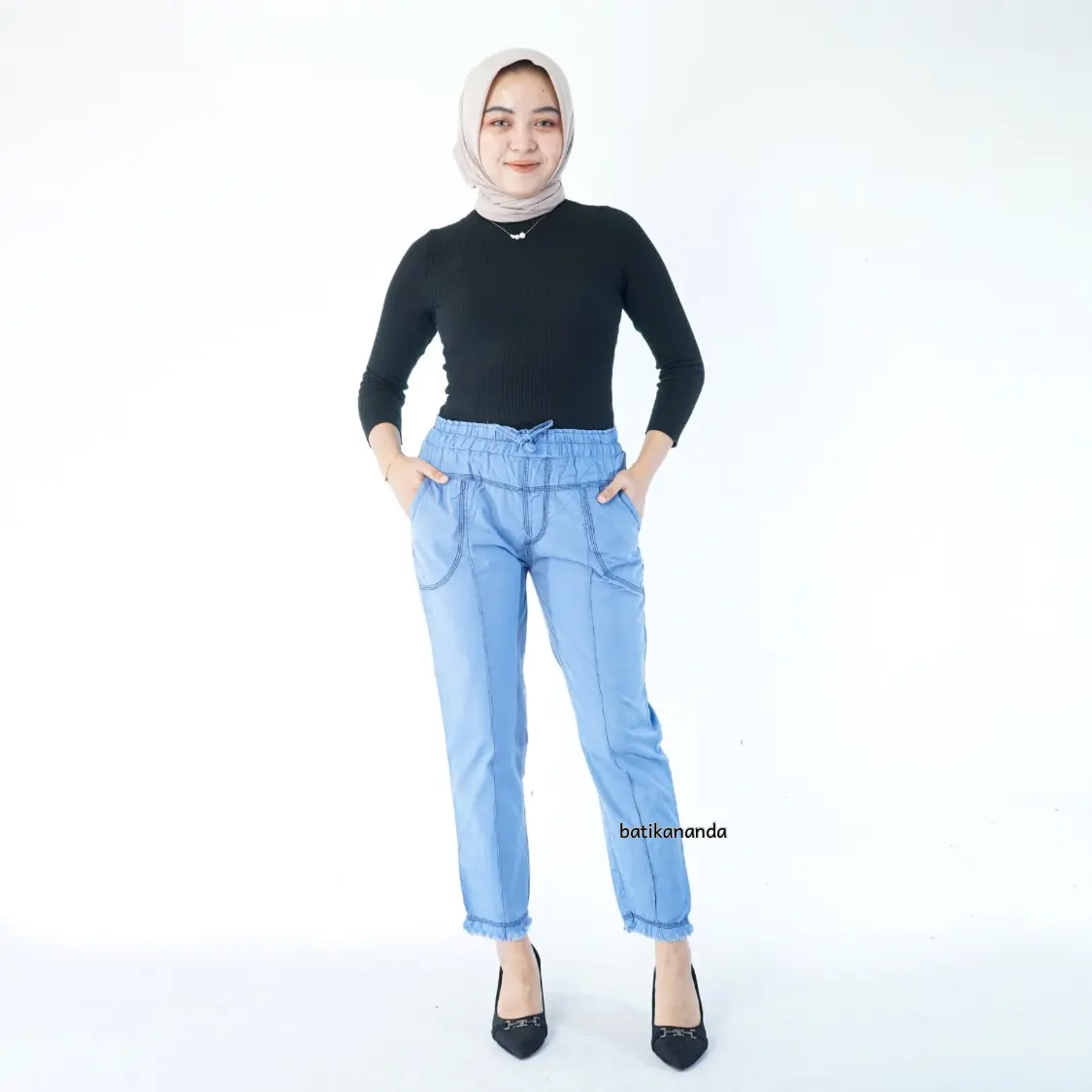 Celana Baggy Jeans Rawis Standar dan Jumbo Wanita Pinggang Full Karet elastis Panjang Dewasa Cewek Denim
