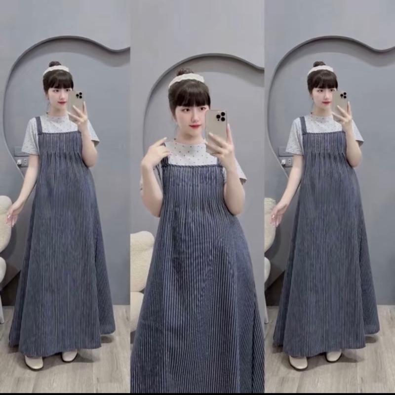   1m58 mặc dài y mẫu Sét yếm bầu thô mềm+áo thun cotton cho bầu Đầm Bầu Váy Bầu dáng dài 