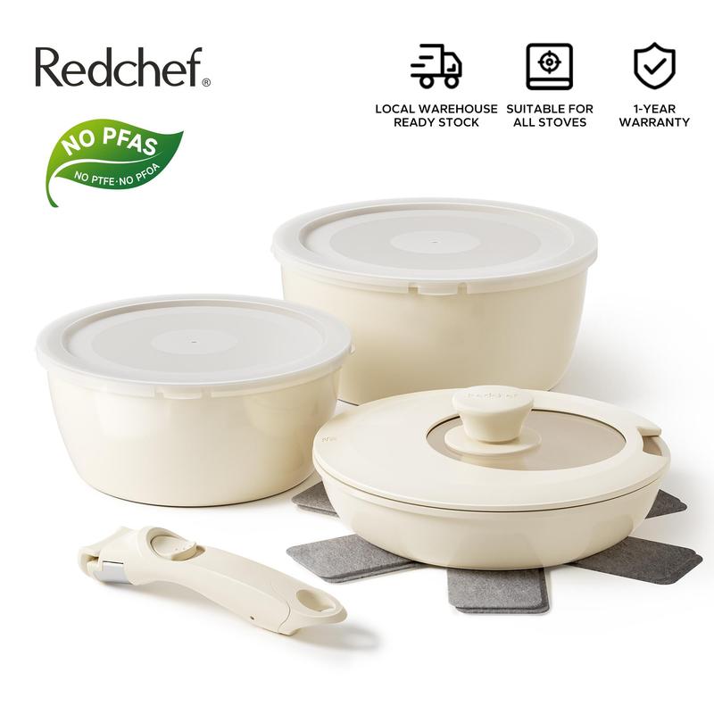 Redchef Bộ 9 Nồi Chảo Chống Dính Không Độc Hại Tay Cầm Tháo Rời Phù Hợp Mọi Loại Bếp Không Chứa PFAS PTFE PFOA