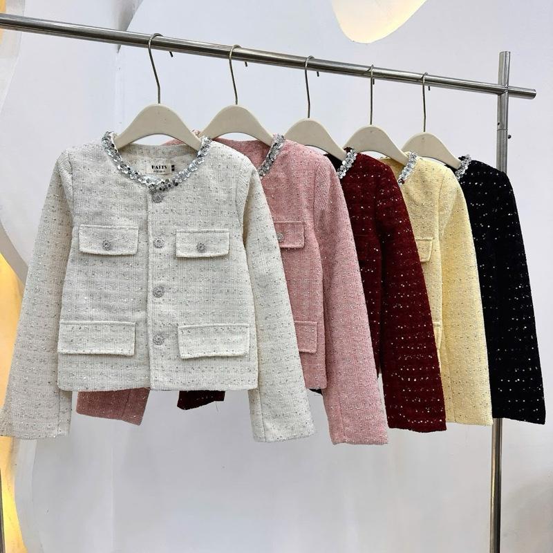 M34- Áo khoác dạ kim tuyến dáng ngắn dành cho nữ 4 nắp túi kèm viền kim sa cổ