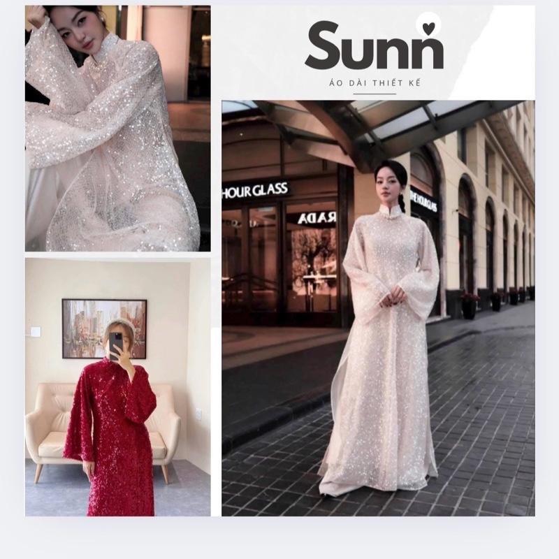 ÁO DÀI NỮ LƯỚI SEQUIN KẾT KIM SA LÓT LỤA TRẮNG FORM SUÔNG KÈM QUẦN PHI CAO CẤP ĐI TIỆC, CƯỚI HỎI