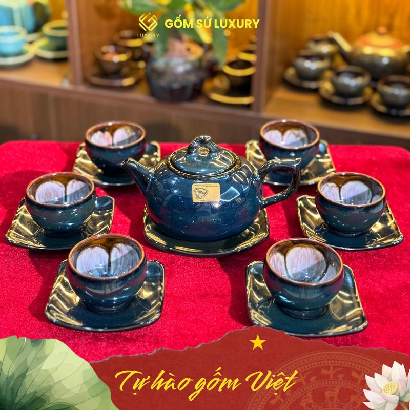 Bộ Ấm Chén Quả Hồng LH mẫu 05 Men Ngọc Thỏ - NNƯT Tô Thanh Sơn - Ấm Chén Bát Tràng - Gốm Sứ Luxury