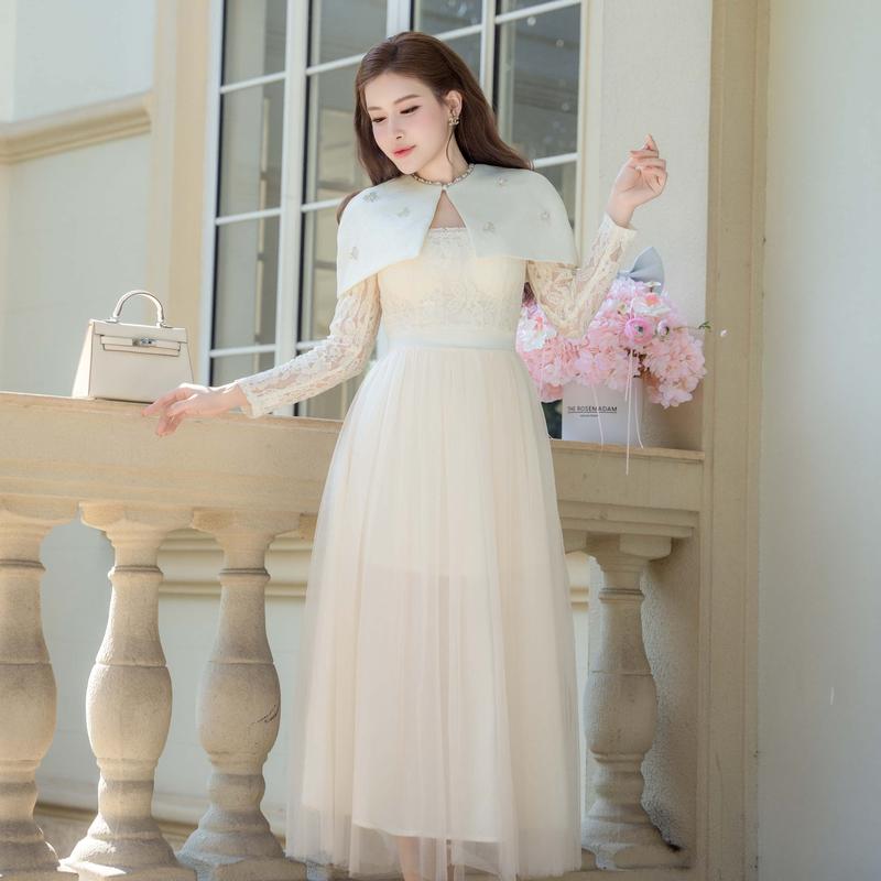 Kiều Linh -Set Váy Dự Tiệc Thiết Kế Áo Choàng Vai KL689 chất liệu Ren Thêu Hoa phối Áo Dạ Kẻ Ô Vân Đá Kèm Charm Nơ Mặc 2 Kiểu Dáng Chân Váy Lưới 2 Lớp Lót Giấu Đường May Kĩ