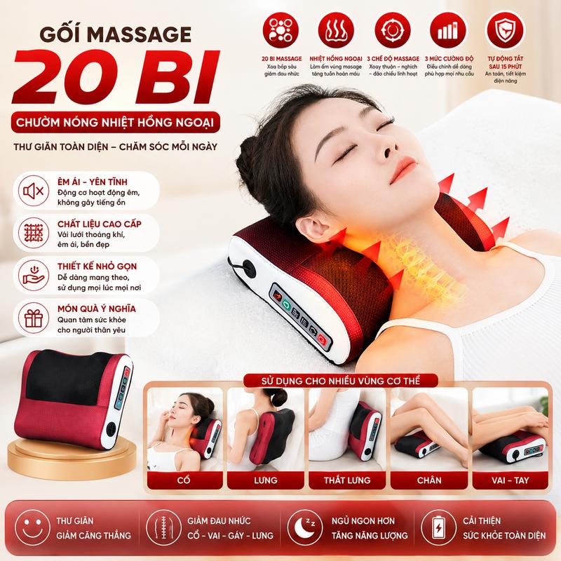 Gối Massage Cổ Vai Gáy, Máy Massage Hồng Ngoại 20 Bi, Cải thiện Đau cổ -Vai
