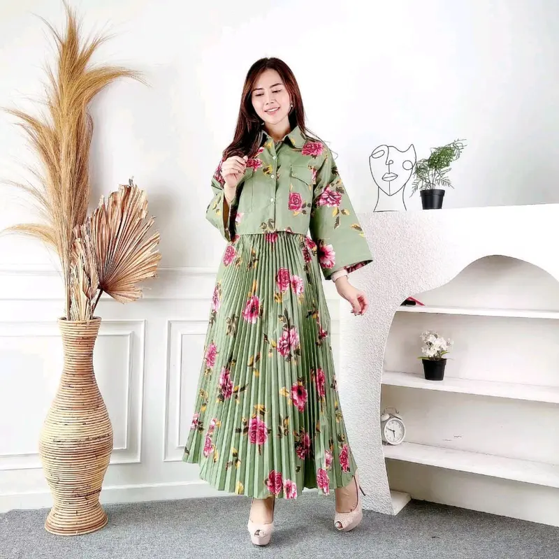 one set Wanita nature Korean vintage kemeja  crop &rok midi plisket Katun Motif Setelan 7