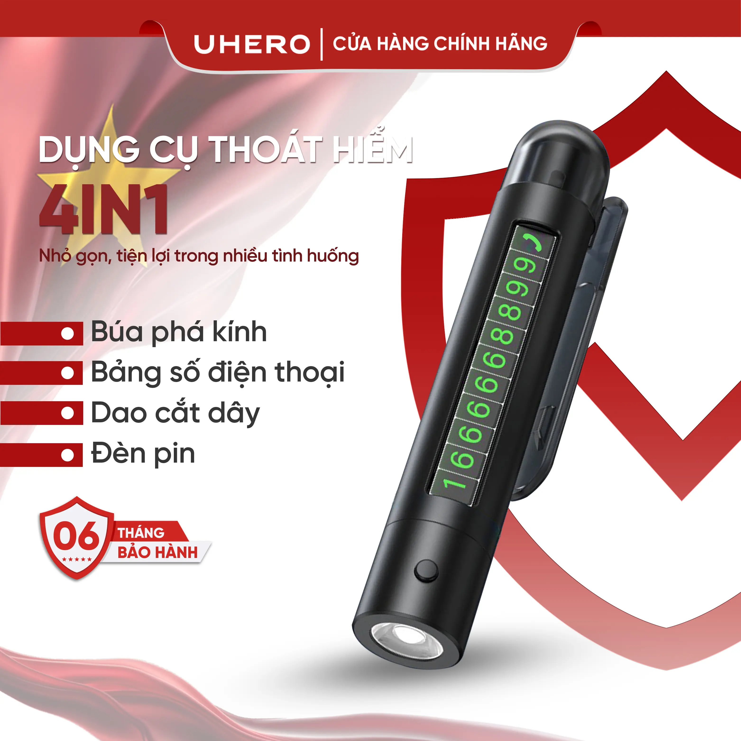 [TẶNG 5 KHĂN] UHERO Dụng Cụ Thoát Hiểm Ô Tô 4 Trong 1 BTH01 Kiêm Bảng Số Điện Thoại, Đèn, Đa Chức Năng - Nhỏ Gọn Mang Theo Đồng Bi