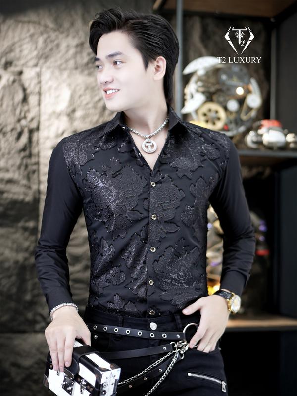 Áo sơ mi thiết kế nam vải cotton pha chất dệt hoa kim tuyến nổi lấp lánh from slimfit ôm gọn