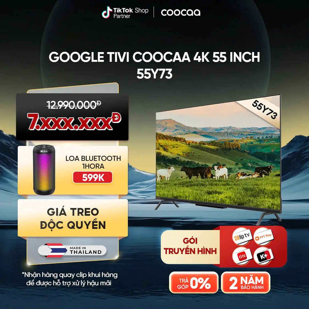 [GIÁ TREO + 5 ĐƠN TẶNG LOA BLUETOOTH] Coocaa Google Tivi 4K 55 Inch - Model 55Y73 - Điều khiển giọng nói - Kết nối Bluetooth- Kho tàng ứng dụng Google Play