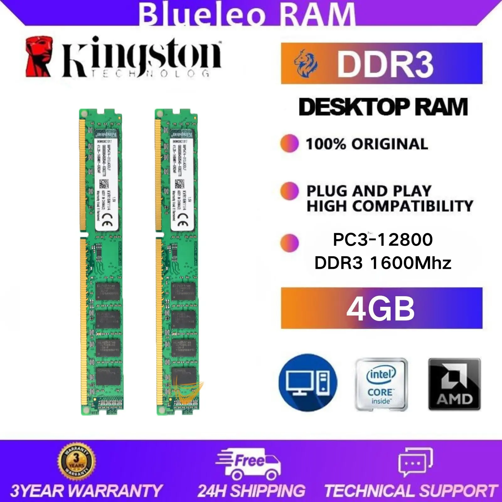 Kingston 4GB Intel CPU 2Rx8 PC3-12800 DIMM Memory RAM Desktop DDR3 1600Mhz