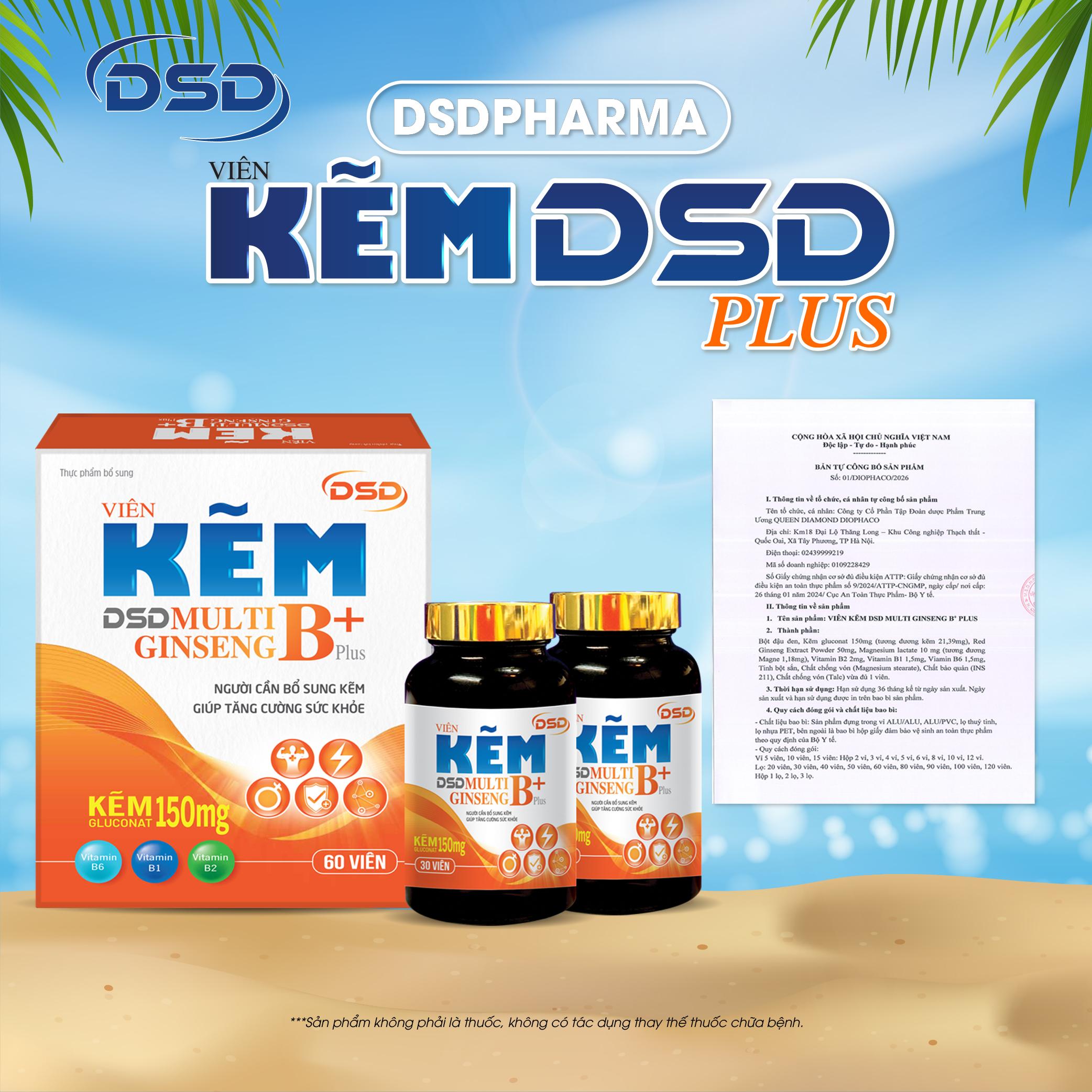 DSDPHARMA Viên Kẽm DSD Plus 60 Ngày Bổ Sung Kẽm 150mg - Bổ Sung Kẽm Biozinc & Vitamin Nhóm B, Nhân Sâm - Hộp 2 Lọ X 30 Viên