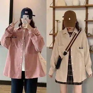 Kemeja Korduroi Wanita Baru Chic Temperamen Atasan Retro Niche Gaya Korea Panjang Kerah Merah Oversize Linen Kancing Casual Hitam