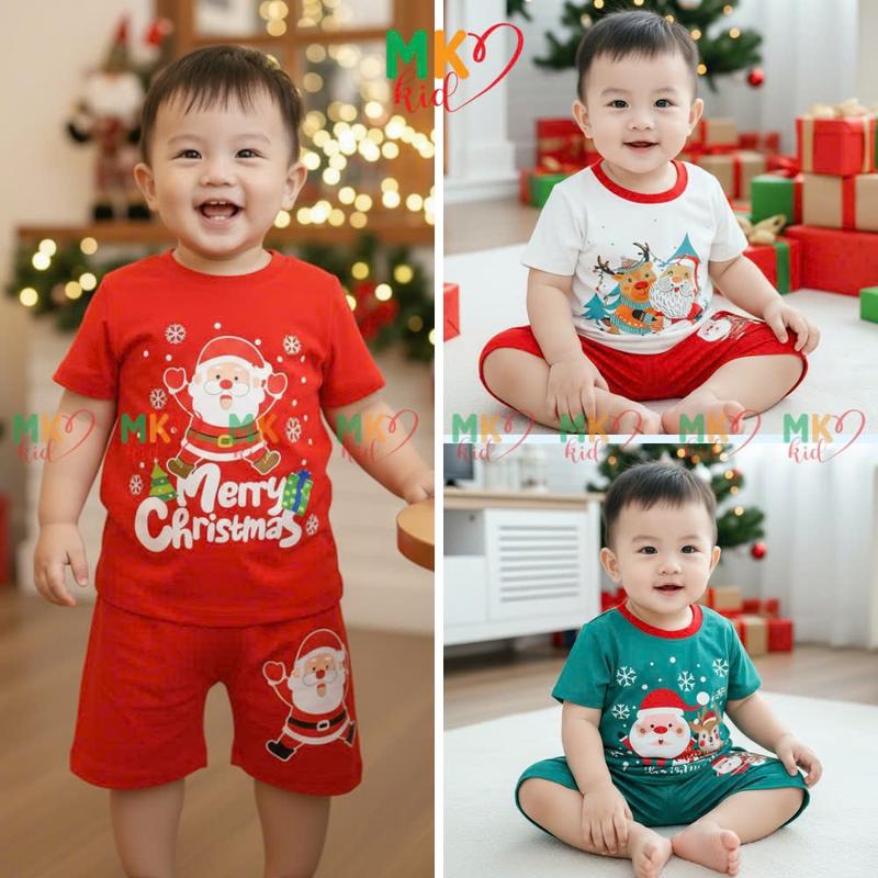 MK KID Bộ Áo Ngắn Quần Ngắn NOEL 8-30KG Vải Thun Lạnh Dành Cho Bé Cao Dưới 1M25 Đồ Giáng Sinh cho Bé Trai Bé Gái Mặc Ngủ Đồ Mặc Nhà Đi Học Mềm Mát Cho Bé Polo