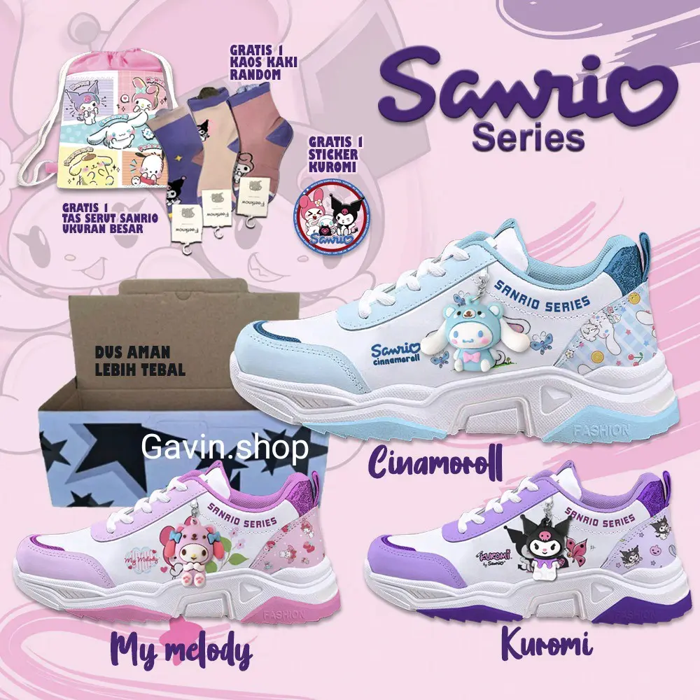 Sepatu Anak Sneakers Cinamoroll Karakter Sanrio My Melody Anak cewe/Perempuan Paud Tk Sd Warna Biru,Pink,Ungu size 26-35 Fashion